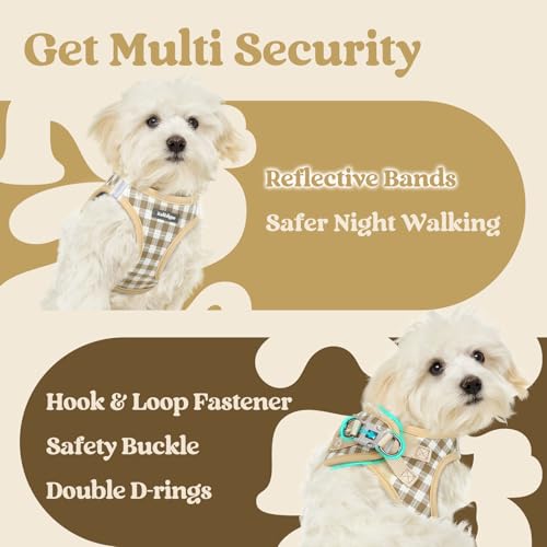 rabbitgoo Small Dog Harness, Step-in Soft Mesh Puppy Vest with Safety Buckle, Breathable Reflective Pet Harness for Small Medium Dogs, Beige Plaid L - color: Beige Plaid, size: L(chest:18.2"-20.5")