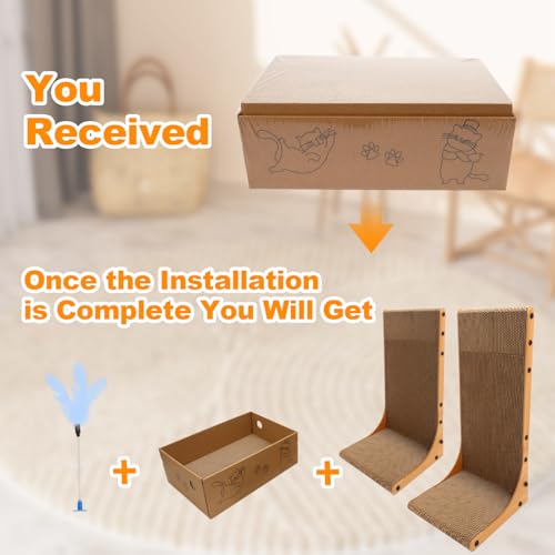 Goosheep Cat Scratching Post, 3-in1 Scratching Board for Indoor Cats, 2PK 22in L-Shaped Cat Scratcher with 1PK Cardboard Box Scratch Pad, Cats Scratch Furniture Protector with Feathered Toy - color: 2pk 22in L-Shape Cat Scratcher with Box