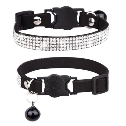 Soft Velvet Cat Collars, Breakaway Rhinestone Cats Collars with Bell Adjustable Pet Collar for Kitten Puppy Small Dogs and Cats(S,Black) - color: black, size: S
