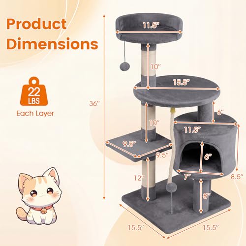 PETSITE 36-inch Multi-Level Cat Tree, with Sisal Scratching Posts, Comfy Top Perch, Cozy Condo, Playful Sisal Rope and Spring Ball, and Dangling Ball, Ideal for Indoor Cats and Kittens (Grey) - color: Grey