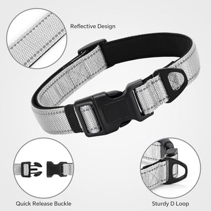 Reflective Dog Collar with Quick Release Buckle - Metal Ring - Adjustable Soft Neoprene Padded Basic Dog Collar for Small Medium Large Dogs (LightGray, Large :Width 1",Neck 15.7-23.6") - color: Lightgray, size: Large