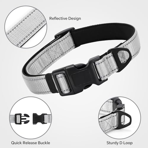 Reflective Dog Collar with Quick Release Buckle - Metal Ring - Adjustable Soft Neoprene Padded Basic Dog Collar for Small Medium Large Dogs (LightGray, Large :Width 1",Neck 15.7-23.6") - color: Lightgray, size: Large