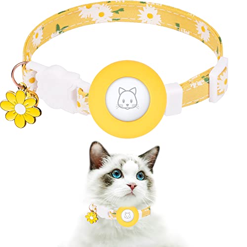 Airtag Cat Collar, JXFUKAL Kitten Collar Breakaway with Silicone Airtag Holder, Bells & Flower Charm for Girl Cats Boy Cats Small Dogs(Yellow) - color: Yellow