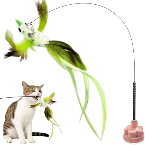 Walfront Christmas Cat Toys, Green Feather Bird Wand with Pink Flower Suction Base, Fishing Rod Design, Indoor Play for Adult Cats, Single Cat Homes, Fun Self Play and Relaxing Mood