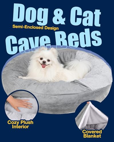 Pet Soft Small Dog & Cat Bed - Round Calming Cuddler with Cover & Cave - Washable for Small, Medium Dogs & Cats (Grey, 27") - color: Grey, size: Medium (27"x27"x8")