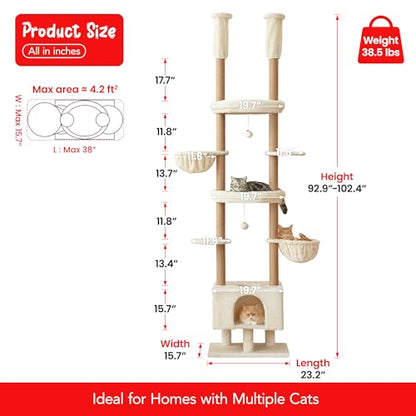 Cat Tree, Floor to Ceiling Cat Tower Adjustable Height [92.9-102.4 in=235-258cm], 7 Tiers Cat Climbing Play House with Fully Sisal Scratching Post, Cozy Condo & Hammocks for Indoor Cats, Beige - color: Beige2.0