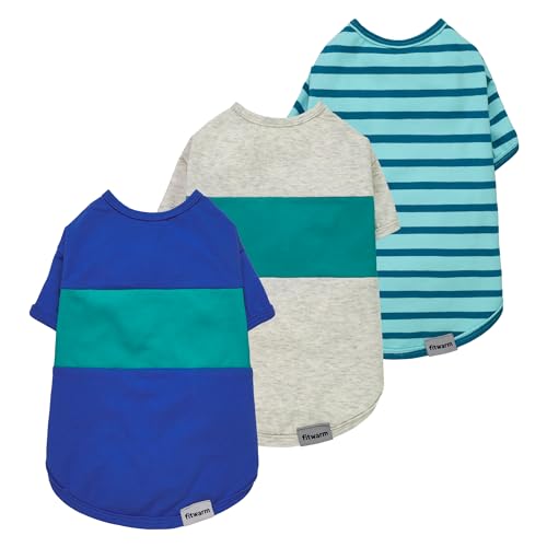 Fitwarm 3 Pack Color Block Striped Dog Shirt, Summer Dog Clothes for Small Dogs, Breathable Lightweight Pet Tshirt with Sleeves, Cat Outfit, Royal Blue, Gray, Teal, XS - color: RoyalBlue-Gray-Teal, size: X-Small