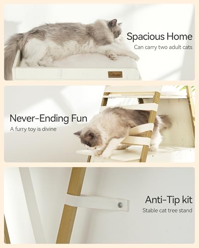 FourFurPets 72.4" Cat Tree, Modern Cat Tower for Indoor Cats, Multi-Level Cat Condo with Caves, Tall Cat Tree with Cat Scratching Board, Wooden Cat Tower with Large Perch, Removable Pads, White - color: White