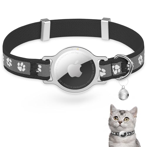 Cat Collar Apple AirTag-Compatible - Cat Paw Print Design, Durable Elastic Band with Reflective Strips and Bell, Infinitely Adjustable Collar for Small to Medium Pets, Black.