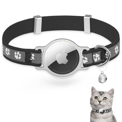 Cat Collar Apple AirTag-Compatible - Cat Paw Print Design, Durable Elastic Band with Reflective Strips and Bell, Infinitely Adjustable Collar for Small to Medium Pets, Black.