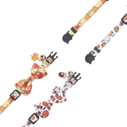 Thanksgiving Day Cat Collar Fall Breakaway with Bow Tie and Bell Autumn Holiday for Kitty Adjustable Safety - color: Maple leaf-bow