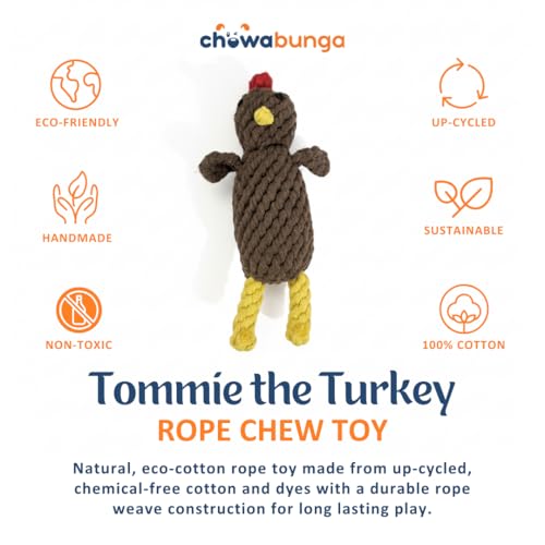 Tommie the Turkey Dog Toy 7 Inch Tall Handmade Eco Cotton Rope Small Dog Turkey Toy for Dogs Made with Natural, Non-Toxic Dyes - Great for Puppy Teething Toys for Small Dogs