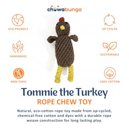 Tommie the Turkey Dog Toy 7 Inch Tall Handmade Eco Cotton Rope Small Dog Turkey Toy for Dogs Made with Natural, Non-Toxic Dyes - Great for Puppy Teething Toys for Small Dogs