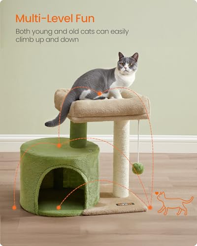 Feandrea Cat Tree, Small Cat Tower with Sisal Scratching Post, Plush Condo with Padded Perch, for Small Spaces, Kittens, Grass Green and Camel Brown UPCT050C01 - color: Grass Green + Camel Brown