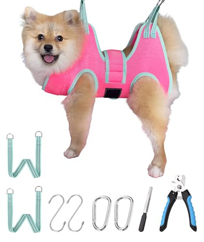 Kkiimatt Dog Grooming Hammock,XS Pink Hanging Harness Holder for Nail Clipping/Trimming,Grooming Sling Hanger with Thick Fabric Neck Support,Strap Restraint for Claw Care - color: X-Small 8-14 LB/Pink