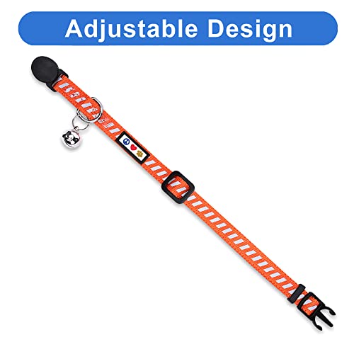 Pawtitas Personalized Orange Reflective Cat Collar – Adjustable Custom Collar with Safety Buckle, Removable Bell, and Engraved Name & Phone Number for Kittens and Adult Cats - color: Personalized Orange