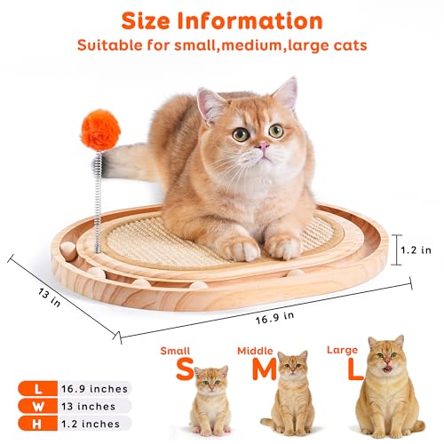 Cat Scratch Pad with Ball Track and Spring Toy, Wooden Cat Scratcher with Sisal Scratching Mat, Ball Track System and 3 Replacement Toy for Cats Scratching,Chasing and Playing (Nature Wood)