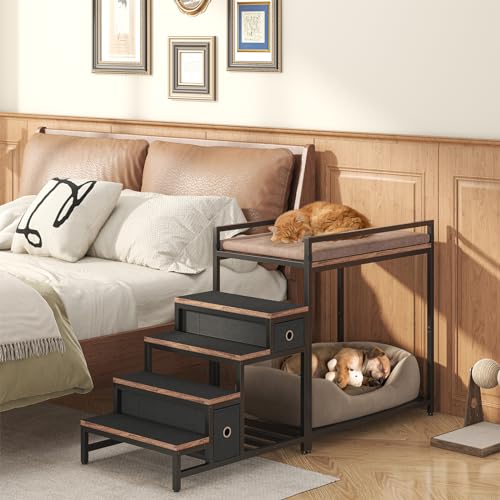 Saudism Pet Bunk Bed with Removable Stairs and 2 Drawers, Dogs/Cats Window Perch, Dog Window Seat with Soft Cushion, Ultra-Shallow Steps, Sturdy Metal Frame, Non-Slip, Load Capacity 60 LBS, Brown - color: Brown+Black