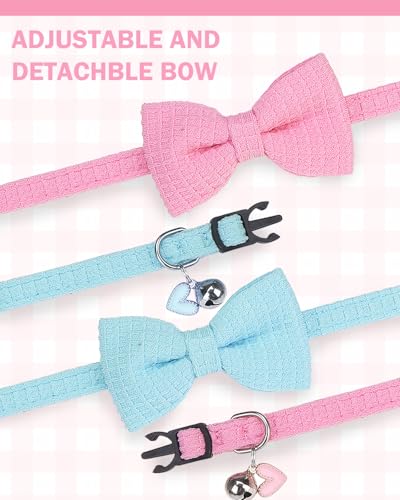 Cat Collar Breakaway with Bells, Soft Cotton Pink Cat Bowtie Collar for Girl Cats, Small Cats Collar with Bow for Spring Summer, 2 Pack Cute Kitten Collars with Removable Bowtie 8-12Inch - color: Light Pink + Sky Blue