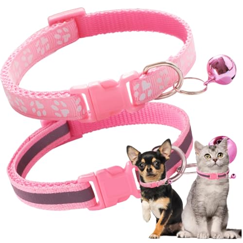 Pink Puppy Collar with Bell, 2-Pack Reflective Strip Girl's Cat Collar with Bell, Nylon Small Dog Collar with Bell Adjustable for Puppy XXS XS Small Female Dogs Kitten,X-Small - color: Reflective Pink