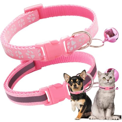 Pink Puppy Collar with Bell, 2-Pack Reflective Strip Girl's Cat Collar with Bell, Nylon Small Dog Collar with Bell Adjustable for Puppy XXS XS Small Female Dogs Kitten,X-Small - color: Reflective Pink