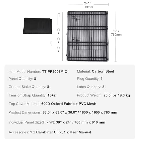 VEVOR Dog Playpen, 8 Pcs 30"H x 24"W Panels Foldable Metal Pet Exercise Pen, Dog Fence Indoor and Outdoor Pen with Door, 600D Oxford Fabric Top Cover, Pet Playpen for Dogs, Cats, Other Small Animals - size: 8 panels 30*24in, style: Playpen + Top Cover