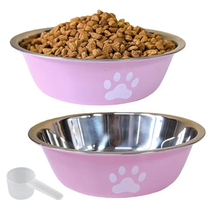 kathson 2 Pack Stainless Steel Dog Bowls,6" Spill Proof Metal Dog Food Bowls,Nonslip Rubber Bottom Pet Food and Water Bowl Set,Puppy Dishes Feeder for Medium Small Dogs,Pink - color: Pink, size: 2.5cups