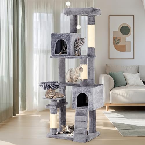 YITAHOME 70.8-Inch Tall Cat Tree Indoor: Multi-Level Kitten Tower with Kitty Condos, Top Perches, Scratching Posts & Cozy Basket Pet Play House Light Gray - color: Light Gray, size: 70.8 inch