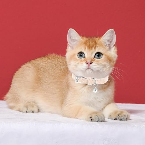 PUPTECK 2 PCS Soft Genuine Leather Cat Kitten Collar with Bells Adjustable for Girl Boy Cats Puppy - Cream, Brown - color: Cream & Brown