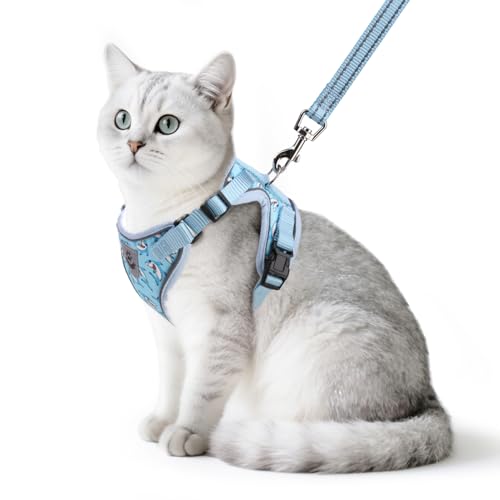 PUPTECK Cat Harness and Leash Set Escape Proof Reflective Cat Walking Harness Adjustable Soft Breathable Mesh Vest for Small Pets, Blue Sharks, S - color: Blue Sharks, size: S (NECK 9.5"-11", CHEST 13"-16")