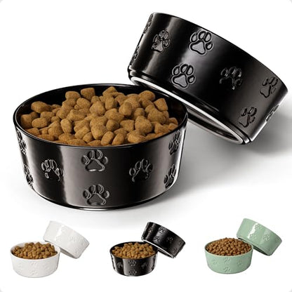 Ceramic Dog Bowl Set of 2 with Anti-Skid Base - 6.5" Wide x 2.5" Tall Ceramic Dog Bowls Medium Sized Dogs - 3.8 Cup Capacity Food and Water Bowls for Dogs - Rubber Bottom Pet Bowl Set of 2 Medium Size - color: Black, size: Medium