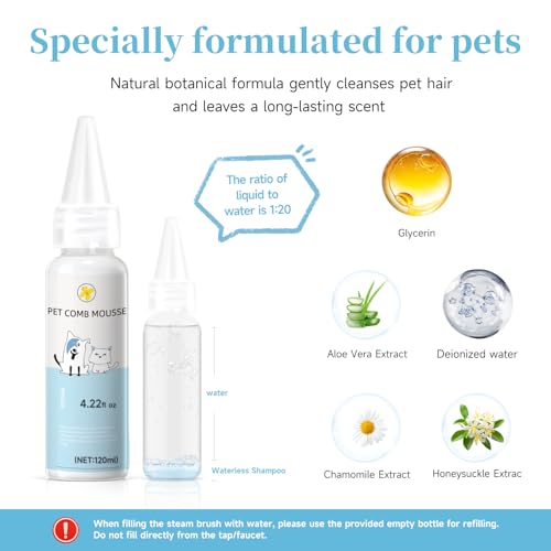 Pet Steam Brush for Dog & Cat – 3-in-1 Spray Hair Removal Comb for Shedding & Grooming, Softens Fur & Reduces Static – Water Brush for Long & Short Coats, Bath-Hating Pets, Includes Waterless Shampoo - size: 7.8″-180ML