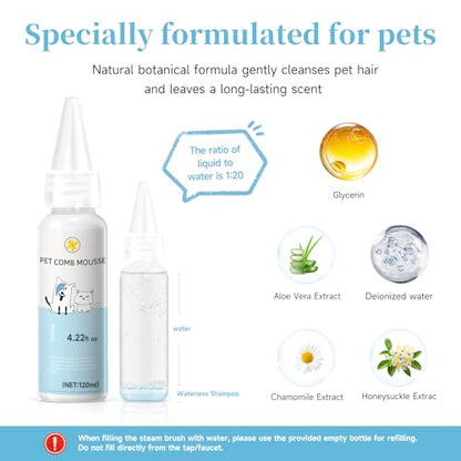 Pet Steam Brush for Dog & Cat – 3-in-1 Spray Hair Removal Comb for Shedding & Grooming, Softens Fur & Reduces Static – Water Brush for Long & Short Coats, Bath-Hating Pets, Includes Waterless Shampoo - size: 7.8″-20ML