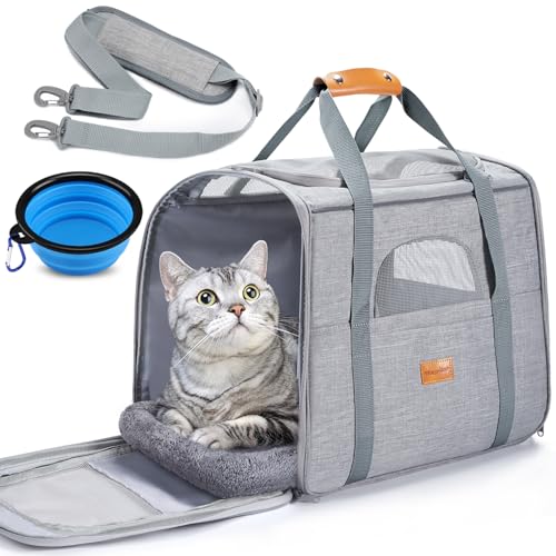 Morpilot Pet Travel Carrier Bag, Soft-Sided Dog Carrier Cat Carrier Pet Carrier, for Large Cats and Medium Puppies up to 25lbs, w/Locking Safety Zippers, Foldable Bowl (Light Gray) - color: Light Gray-L (Thickened Mat), size: 18.0"L x 12.5"W x 14.0"H