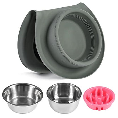 100% Waterproof BPA Free Pet Dog Bowls2 Stainless Steel（53oz+27oz） with 1.35“ Raised Edge Silicone Mat + Slow Feed Dog Water and Food Bowls for Feeding Small Large Dogs Cats Puppies (Gray) - color: Gray