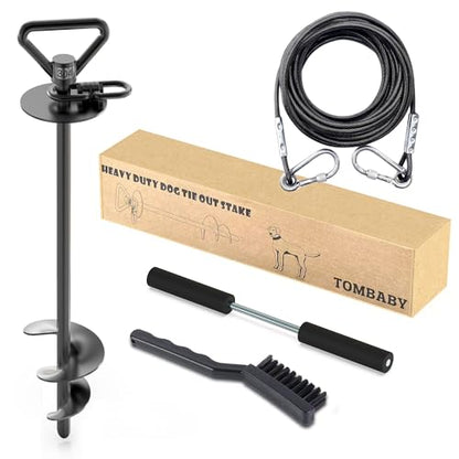 TOMBABY Dog Tie Out Cable and Stake,with 30FT Heavy Duty Cable,360° Swivel Dog Anchor& Anti-Tangle,Dog Runner for Yard,Dog Stake Allows Dogs Up to 210 lbs, Dog Stakes for Outside Beach,Camping, Yard - color: 13''black+30FT