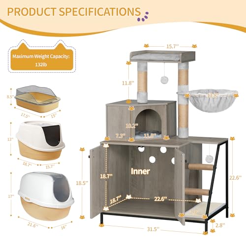 Hzuaneri Cat Litter Box Enclosure with Cat Tree, 4-in-1 Modern Cats House with Large Platform, Cats Condo with Sisal Scratching Mat, Posts, Stairs and Pompom, Washable Cushions, Greige CB81005B - color: Greige