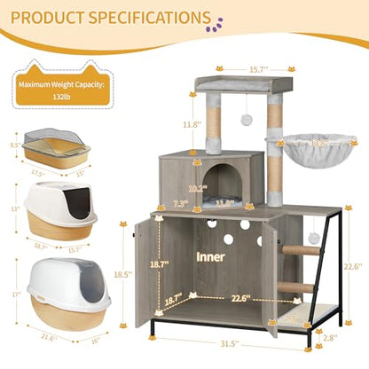 Hzuaneri Cat Litter Box Enclosure with Cat Tree, 4-in-1 Modern Cats House with Large Platform, Cats Condo with Sisal Scratching Mat, Posts, Stairs and Pompom, Washable Cushions, Greige CB81005B - color: Greige
