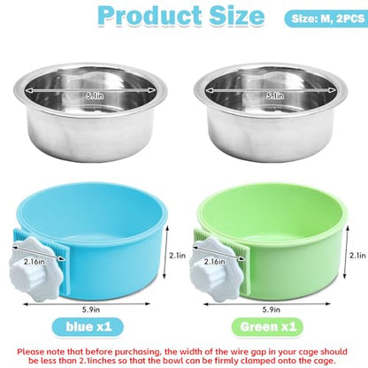 kathson Crate Dog Bowl, Removable Stainless Steel Hanging Pet Kennel Cage Bowl Food & Water Feeder Coop Cup for Puppy, Cat, Rabbit, Guinea Pigs Ferret Bird (2 PCS, Size: M, Blue and Green) - color: Size: M (Blue, Green), size: 2 PCS