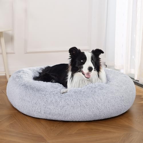 Amazon Basics Washable Donut Pet Bolster Faux Fur Bed with Removable Cover, Anti-Slip Bottom for Dog, Grey, 36" x 36" - color: Grey, size: 36" x 36"