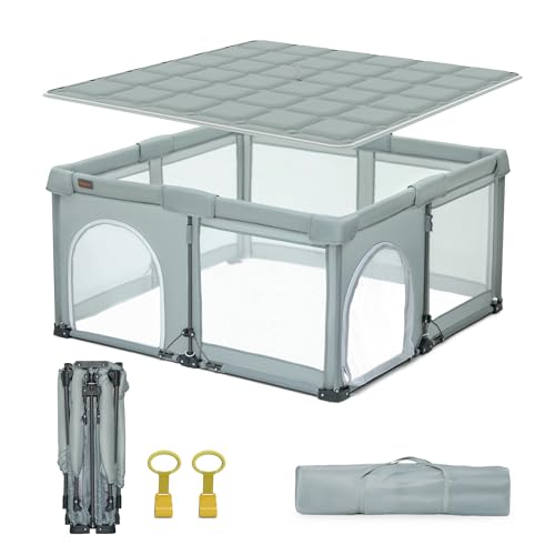 Foldable Playpen with Detachable Thicken Mat,59x71 Inches Portable Playpen,Collapsible Play Pen for Babies and Toddlers,Indoor & Outdoor Baby Fence Play Area,Cold Gray - color: Gen B-Cold Grey, size: 71x59in With Mat