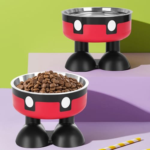 Elevated Cat Food Water Bowls,2 Pack Raised Cat Dog Bowls with Stand,Stainless Steel Cute Cat Dishes for Cats Dogs Kitten Puppies Small Pets Feeding Non-Slip Base
