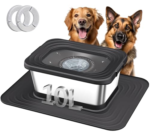 Decflow 10L Stainless Steel Dog Water Bowl, No Spill Anti-Splash Dog Bowls with XXL Silicone Mat, Spill-Proof Slow Feeder for Messy Drinkers, Heavy Duty Pet Bowls for Indoor/Outdoor Use Black - color: Black, size: 10l