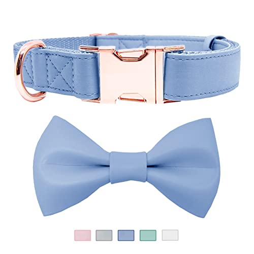 Soft Leather Bowtie Dog Collar - Adjustable Cute Bow Tie Collar [Easy to Clean] with Stylish Rose Gold Heavy Duty Metal Buckle for Small Medium Large Dogs Blue L - color: Blue, size: L(15.4"-24.8")