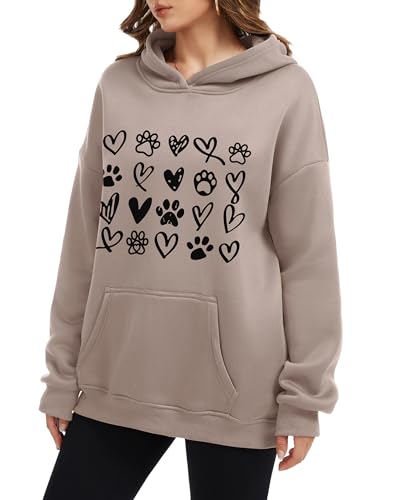 Womens Dog Paw Hoodie-Long Sleeve Pullover Fleece Lined Dog Mom Sweatshirts with Pocket - color: A-grey Brown, size: Small