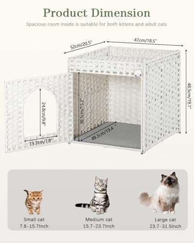 SETVSON Cat Litter Box Enclosure Furniture, Hidden Litter Box with Mat and Fence, Handwoven Rattan Cat House with Two S-Shaped Hooks for Living Room, Bedroom, 18.5 x 20.5 x 19.1 Inches (White - color: White, size: Standard