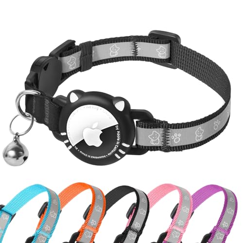 Airtag Cat Collar, Reflective Cat Collar with Apple Air Tag Holder, Breakaway GPS Tracker Pet Collar with Bell for Cat Kitten, Airtag Not Included, Black, XS(7-9 Inch) - color: Black, size: XS (7-9 Inch)