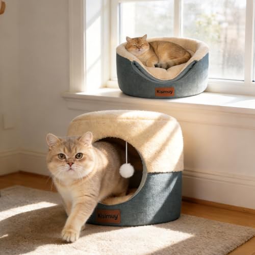Cat Cave Bed, 2-in-1 Cat House & Lounge with Reversible Plush Cushion, Calming Anti-Anxiety Round Design for Indoor Cats, Kittens, Small Dogs & Puppies, Foldable Round Hideaway, 17.5 Inches - color: Oxford Grey/Khaki, size: M-17.5" x 17.5" x 13.5"H