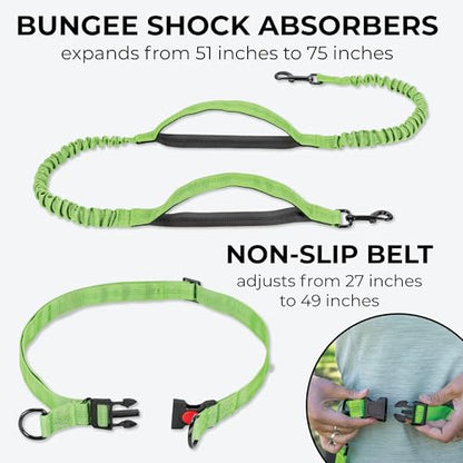 Squirrel Products Hands Free Dog Leash with Hip Belt/Crossbody Strap, Zipper Pouch, and Shock Absorbing Bungee for Walking or Jogging with pet (Green, Black) - color: Green and Black