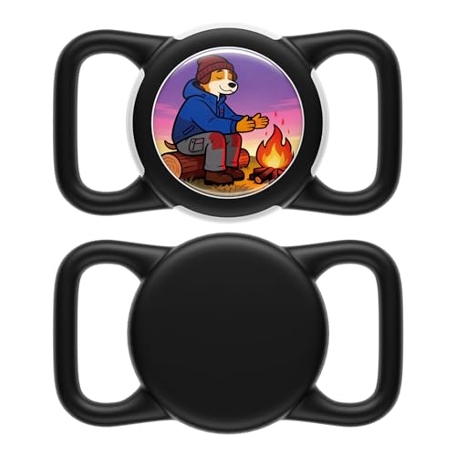 Dog AirTag Holder for Dog Collar, Soft Silicone Slide-On Case for Apple AirTag, No-Dangle Quiet Protective Holder with Eye-Catching Pet Character Designs, Happy Camper - color: Black-Happy Camper, size: Regular